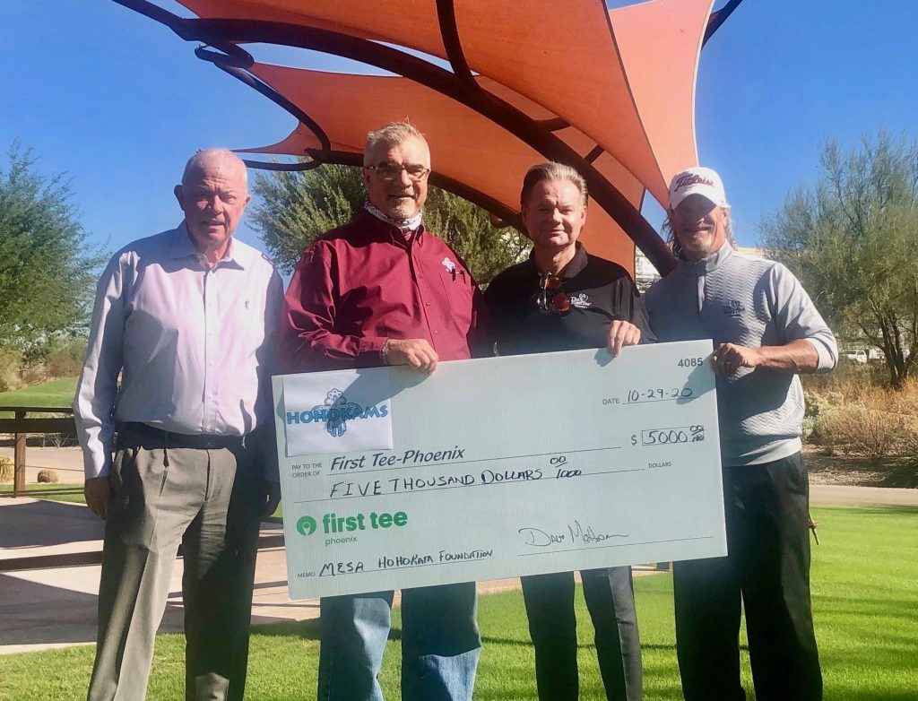 Mesa HoHoKam, John Dennett, presents a check, from the Mesa HoHoKam Foundation to Kevin Terry & Scott Johnson with First Tee-Phoenix, along with Bob McNichols with Longbow Golf Club