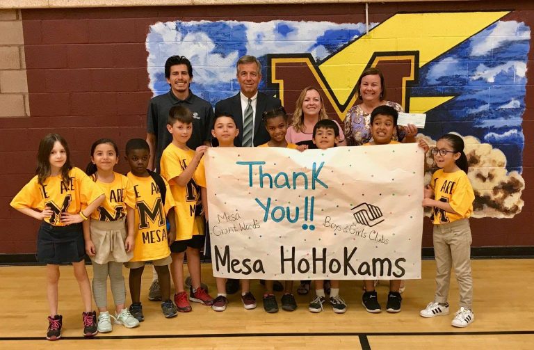 Mesa HoHoKam Member & Current Big Ho, Tim Baughman presents a check, from The Mesa HoHoKam Foundation, to The Boys & Girls Clubs of the East Valley, Grant Woods - Mesa Branch