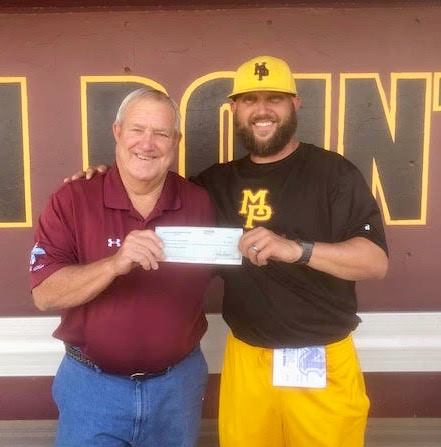 Mesa HoHoKam member, Tim Gump, presents a check, from the Mesa HoHoKam Foundation to Matt Denny Head Baseball Coach at Mt. Point High School