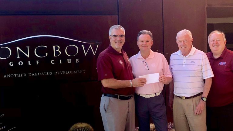 Mesa HoHoKam members, John Dennett & Kim Harria present a check , from the Mesa HoHoKam Foundation to Kevin Terry & Bob McNicols from the The First Tee of Phoenix