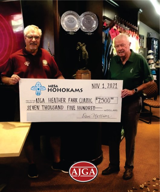 Mesa Hohokam John Dennett Presents a check from the HoHoKam Foundation to Bob McNichols of Longbow Golf Club