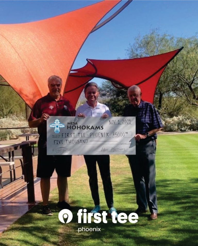 Mesa Hohokam John Dennett Presents a check from the Hohokam Foundation to Kevin Terry of the First Tee.