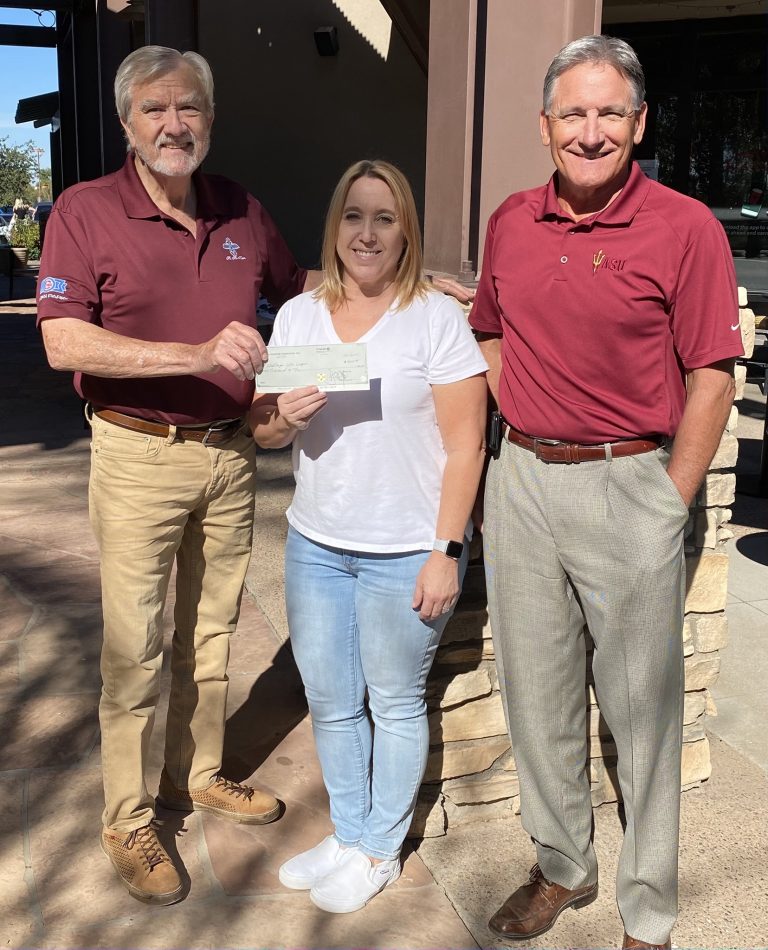 Mesa Hohokams, George Bliss & Neil Barna, present a check from the Hohokam Foundation to Denise DeLage of the Challenger Little League