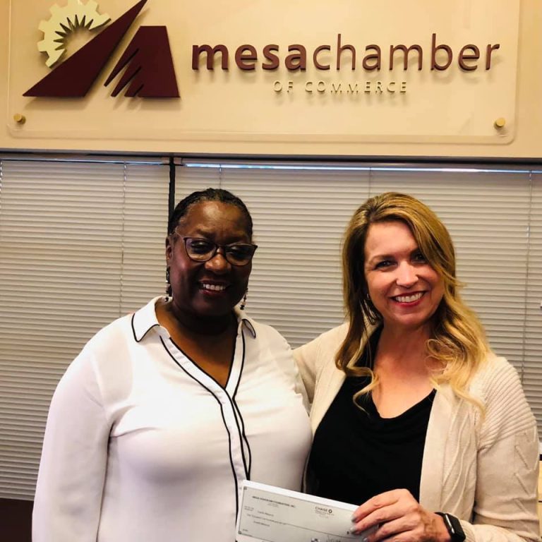 Today, Mesa HoHoKam member, Sally Jo Harrison, presented Denise Carter with Over-Flo Missions Inc., a check for her non-profit work from the Mesa Hohokam Foundation.