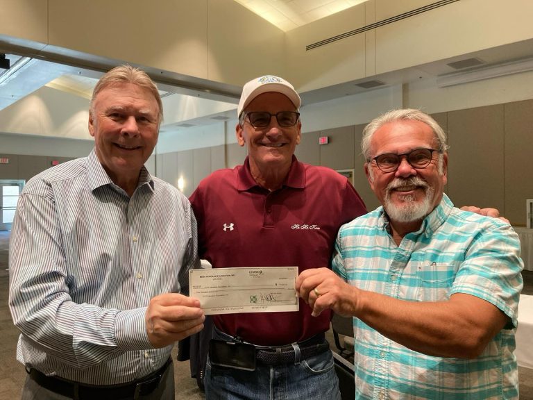 Mesa HoHoKam, Neil Barna presents Grant check to EVIT Foundation, current Board Chair, Larry Christensen and Exec Dir Denny Brown.