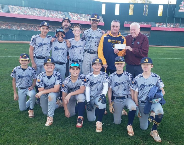 Mesa HoHoKam, Gary Whitley presents Grant to Biscuits Baseball 13yr and under AAA club team. Coach is Tim Forsyth. They plan on using the Funds for equipment and training supplies.