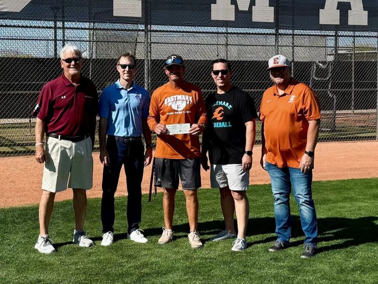 Eastmark High School Baseball Mesa HoHoKam Foundation Trustee Justin Piper, Eastmark Baseball Coach Shane Hilstrom, Booster Club VP Marc Heirshberg, and Booster Club President Pat Kee celebrate grant support from the Mesa HoHoKam Foundation and Chicago Cubs Charities for Eastmark Baseball.