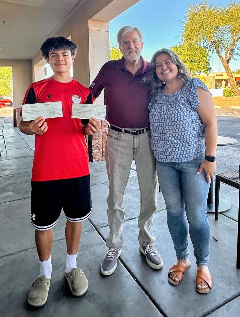 Next Level Soccer Academy Mesa HoHoKam George Bliss presented grants to Erika Furgal of Next Level Soccer Academy for its 10–11 and 14–15 age groups. The funds support tournament fees, equipment, and other program expenses.