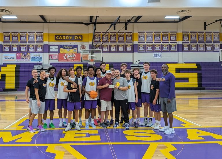 Mesa High School Boys Basketball Mesa HoHoKam Mark Grant presented a Foundation grant to Head Coach Scott Stansberry and the Mesa High Boys Basketball Team. The funds support equipment, resources, and opportunities for student-athletes.