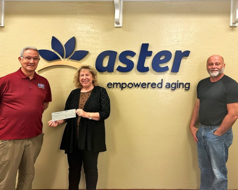 Aster Aging HoHoKam Bob White presented a grant to Aster Aging CEO Deborah Schaus and Operations Director Scott Muller. The grant supports Meals on Wheels and wellness checks for homebound seniors in Mesa.